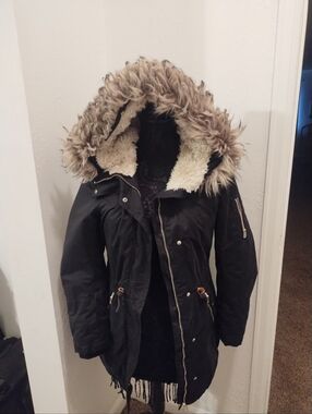 Black Parka with Faux Fur Hood